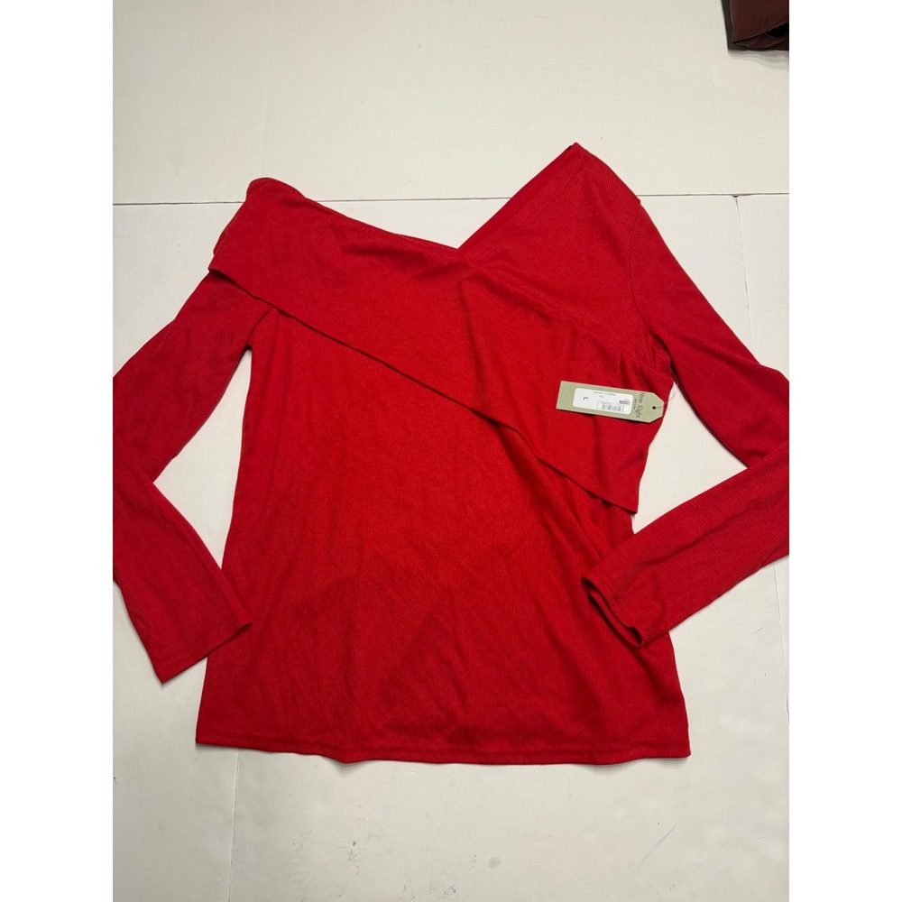 Nine Eight New York Red Ribbed Asymmetrical Off Shoulder Wrap Top Large 9824NE